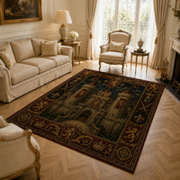 Stone Keep and Rampant Lions - Heraldic Tapestry Floor Composition