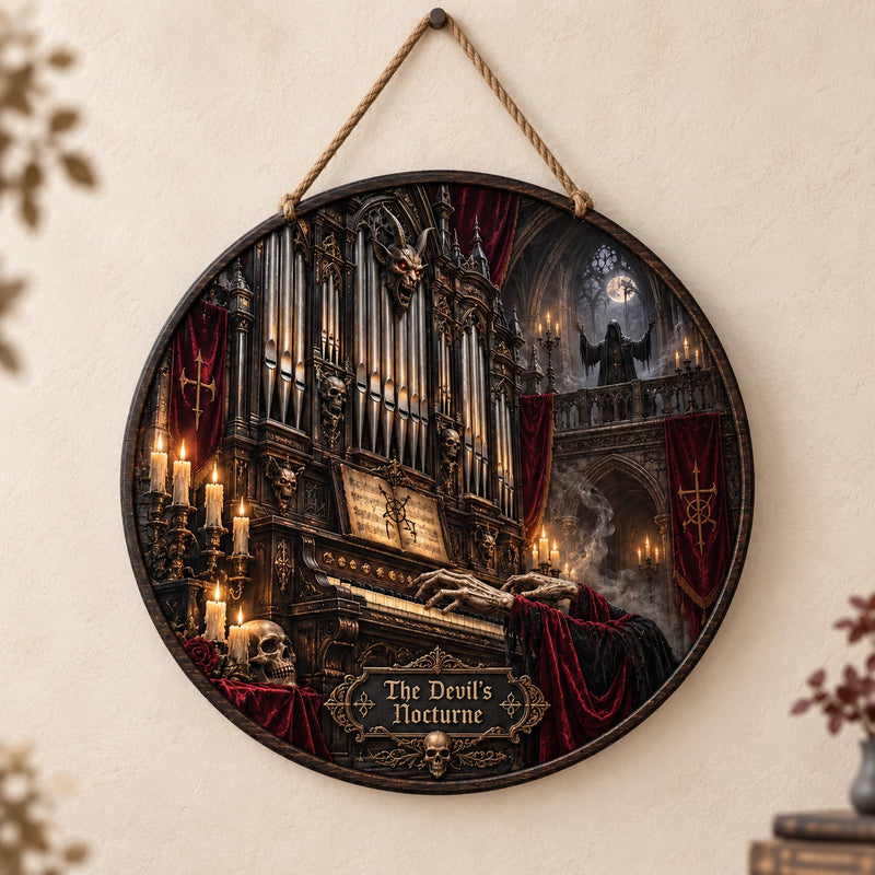 The Devil's Nocturne - Candlelit Gothic Organ Round Wood Sign